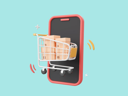 3d cartoon design illustration of Smartphone with shopping cart and parcel box, Shopping online on mobile concept.の写真素材