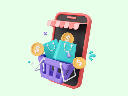 3d cartoon design illustration of Shop smartphone and shopping cart, shopping bags with discount tag, Shopping online on mobile concept.の写真素材