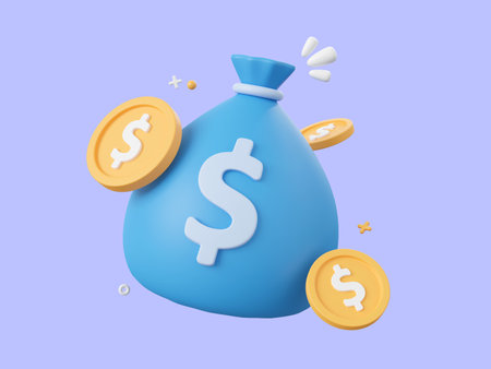 3d cartoon design illustration of Money bag and dollar coin, Money savings concept.の写真素材