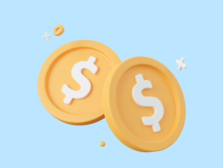3d cartoon design illustration of Dollar coin on blue blackground.の写真素材