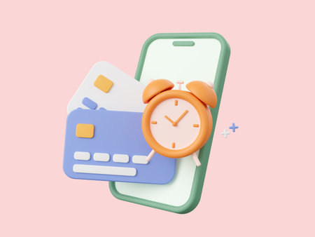 3d cartoon design illustration of Smartphone, credit card with alarm clock notification icon,...