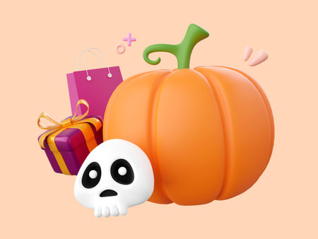Pumpkin Jack o lantern with skull and gift box, Halloween theme elements 3d illustrationの写真素材