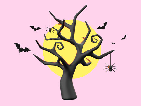 Dead tree with full moon, Halloween theme elements 3d illustrationの写真素材
