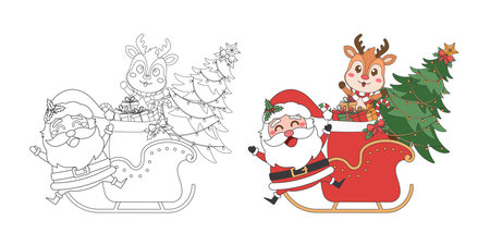 Santa Claus, Reindeer, Sleigh and Christmas tree, Christmas theme line art doodle cartoon illustration, Merry Christmas.のイラスト素材
