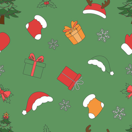 Christmas theme line art doodle cartoon pattern seamless illustration, Merry Christmas.のイラスト素材