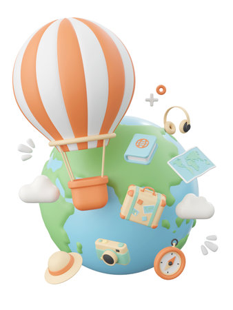 3d illustration of balloon flying around the globeの写真素材