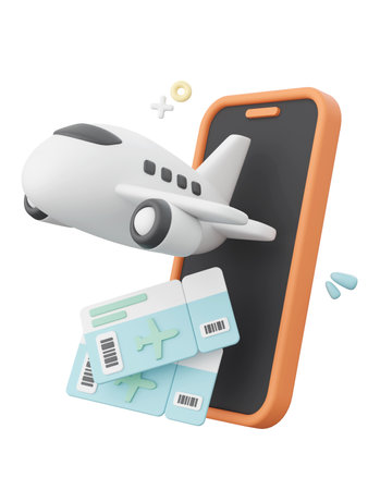 3d illustration of airplane with tickets emerging from a smartphoneの写真素材