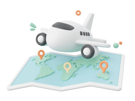 3d illustration of airplane flying over a mapの写真素材