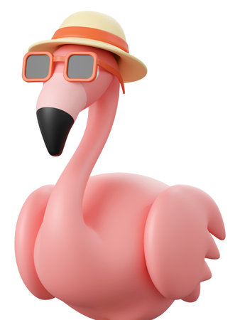3d illustration of Summer concept, Flamingo wearing beach hat and sunglassesの写真素材