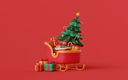 3d illustration Christmas theme, Christmas tree and gift box on a sleigh with red backgroundの写真素材