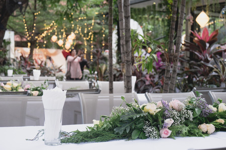 a hotel prepared for wedding ceremony in the garden.の写真素材