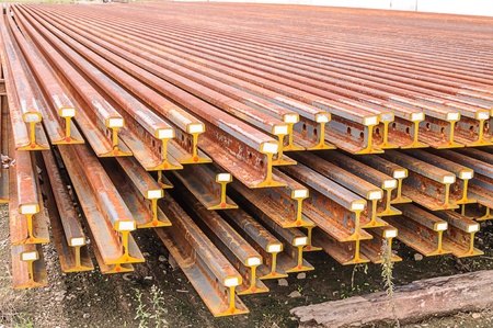 The new  train rails were placed outside are waiting to be installedの写真素材