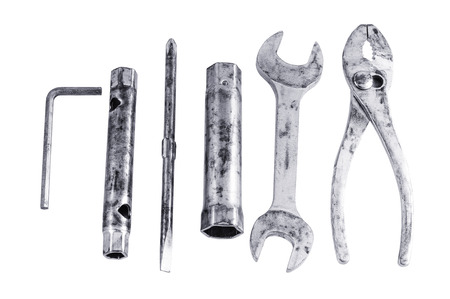 Tool set necessity from motorcycle toolbox on white backgroundの写真素材