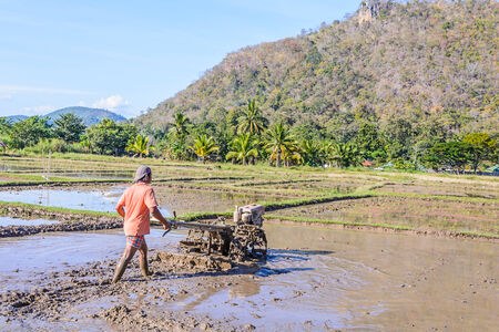 MAEHONGSON, THAILAND - DECEMBER 10 : An unidentified farmer plowing the fields with a motor-powered plow on December 10, 2014 in Maehongson,Thailand.のeditorial素材