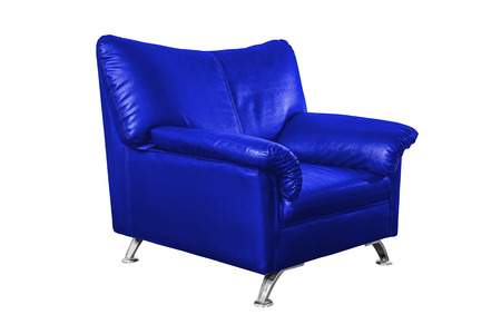 Blue leather sofa isolated on white background, work with path.の写真素材
