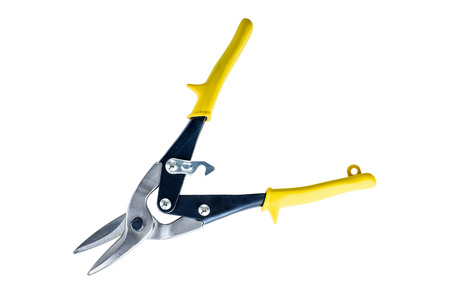 Metal scissors for cutting iron sheet isolated on white, work with path.