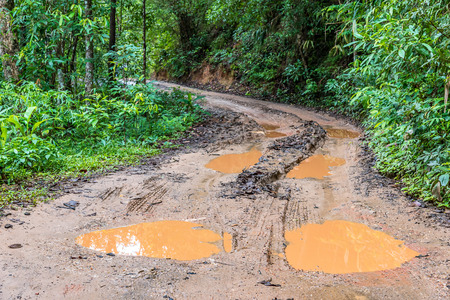 Tire tracks on a muddy road in the countryside, Routing traffic in the countryside,の写真素材
