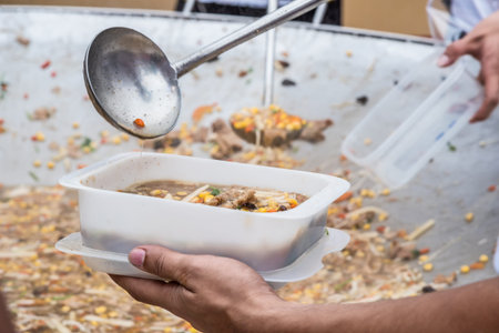 Lap vegetarian food in a large pan into containers.