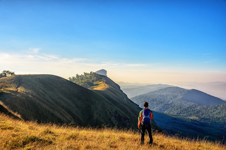Tourist enjoy travel on trail in high of a Mon Jong Mountains in Chiang mai north of Thailand.の写真素材