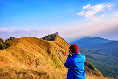 Tourist enjoy travel on trail in high of a Mon Jong Mountains in Chiang mai north of Thailand.の写真素材