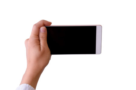 Smart Phone with Female Hand on white background work with clipping path.