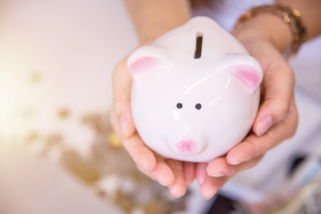 Piggy bank a container for saving money, Piggy bank in hand, money savings conceptの写真素材