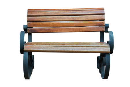 Old wooden bench with steel legs isolated on white background with clipping path.の写真素材