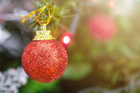 red ball decorations on christmas tree.の写真素材