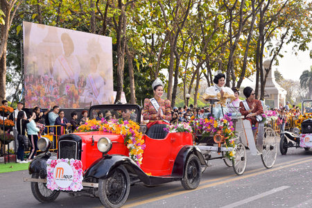 CHIANG MAI,THAILAND-FEBRUARY 02, 2019 :Unidentified peoples are in parade with fresh flowers...