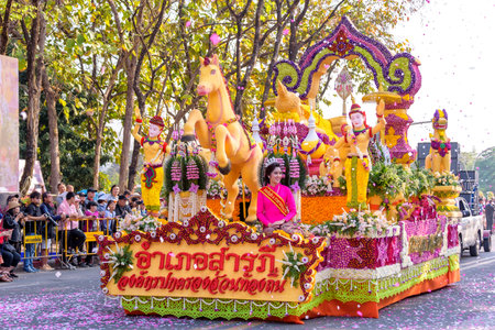CHIANG MAI,THAILAND-FEBRUARY 02, 2019 :Unidentified peoples are in parade with fresh flowers...