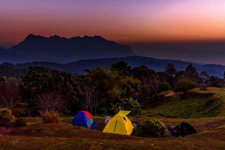 Tourist tent on the hill at San Pa Kia, Doi Mae Ta Man viewpoint located in Chiang Dao district, Chiang mai province, Thailand.の写真素材