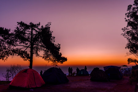 Tourist tent on the hill at San Pa Kia, Doi Mae Ta Man viewpoint located in Chiang Dao district, Chiang mai province, Thailand.の写真素材