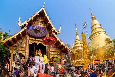 CHIANG MAI, THAILAND - APRIL 13, 2019  : Chiangmai Songkran festival. Buddha Phra Singh of Phra Singh temple was moved to the parade cars for pour water around city in Chiangmai,Thailand.のeditorial素材