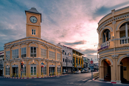 Beautiful building of Sino Portuguese architecture in Phuket Old Town at  twilight, Thailand. It is...