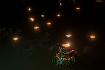 Loy Krathong festival, People made form flowers and candle to light and float on water to celebrate the Loy Krathong festival in Thailand. Traditional festival celebrated annually throughout of Thailand.の写真素材