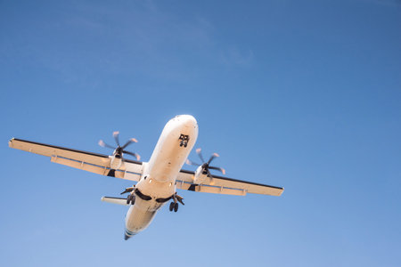 Passenger commercial airplane landing against blue cloudy sky. Concept travel by air