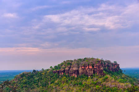Phu Thok or Chetiyakiri Temple Beautiful mountain with rocky cliffs in Bueng Kan Province, Thailand. Had a wooden bridge winding around the steep mountainの写真素材