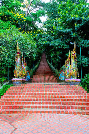 Naga Stairs to Phra That Doi Suthep Temple in Chiang Mai, Thailand.の写真素材