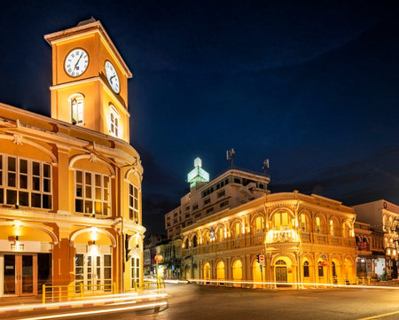 Beautiful building of Sino Portuguese architecture in Phuket Old Town at  twilight, Thailand. It is a Famous tourist attractionの写真素材