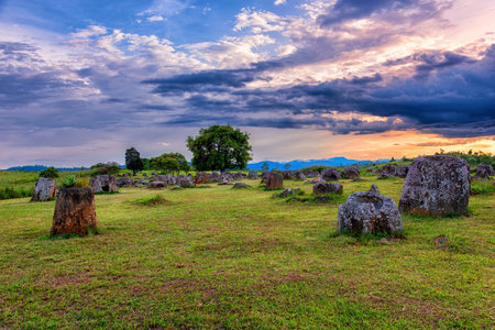 Plain of Jars is a megalithic archaeological landscape. Xieng Khouang Province, Laos.の写真素材