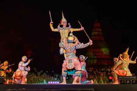 CHIANG MAI, THAILAND -  1 DECEMBER 2023: Khon is a traditional dance drama art of Thai classical mask, this performance is Ramayana epic, and the show is at Wiang Kum Kam a historical site in Chiang Mai, North of Thailand.のeditorial素材