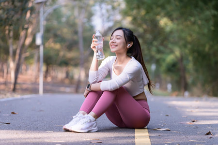 A young woman takes a short break and drinks water during exercising in a public park. healthy...