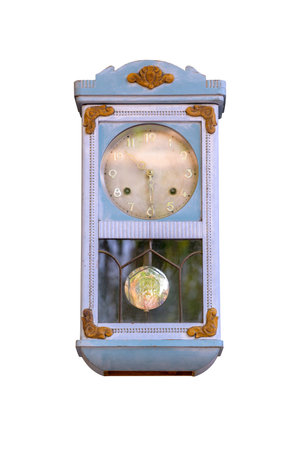 Old vintage wall clock isolated on white background with clipping pathの写真素材