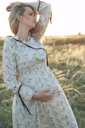 Pregnant woman in nature at sunset time. Woman holds belly while expecting a baby.の写真素材