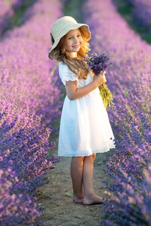 A child in lavender. Beautiful girl in a field with lavender.の写真素材