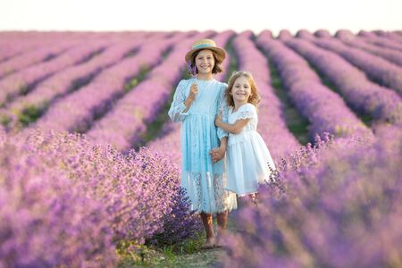 A child in lavender. Beautiful girl in a field with lavender.の写真素材