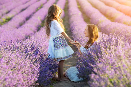 A child in lavender. Beautiful girl in a field with lavender.の写真素材