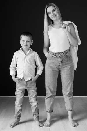 Mother and son. Black and white photo. High quality photoの写真素材