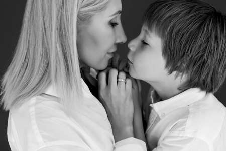 Mother and son. Black and white photo. High quality photoの写真素材