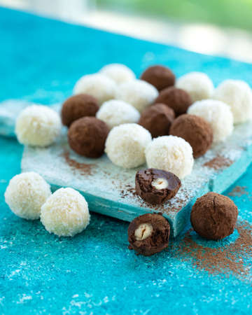 Chocolate candy. Assorted handmade chocolates. High quality photo.の写真素材